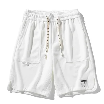 Baltos spalvos vafliniai šortai su užtrauktuku su šoninėmis kišenėmis Spodnie šortai Academia Vyriškos laisvalaikio tiesios trumpos kelnės Vyrai Vasara