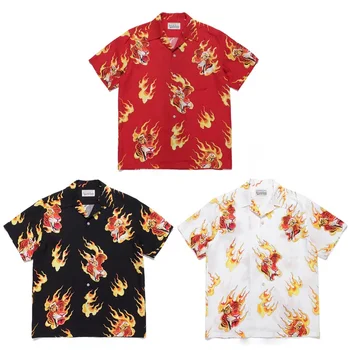 Flame Tiger Head Printing WACKO MARIA Trumpomis rankovėmis Vyrai Moterys 1:1 Casual Loose Summer New Buttons Tops Streetwear Hawaiian Shirts
