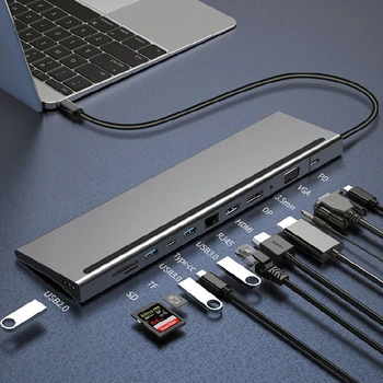 USB C tipo prijungimo stotis 12 in1 šakotuvas USB 3.1 nešiojamam kompiuteriui Rj45 PD100W greito įkrovimo šakotuvas
