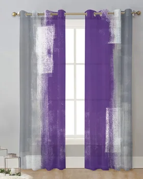 Abstrakti aliejinė tapyba Tekstūra Violetinė pilka Tiulio užuolaida svetainei Miegamasis Modernios vientisos užuolaidos Skaidri lango užuolaida