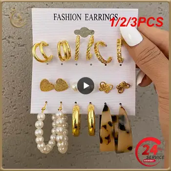 1/2/3PCS Madingi vintažiniai aukso spalvos perlų auskarai Rinkinys moterims Geometrinis apskritimas Pakabinti lašas auskarai Akriliniai auskarai