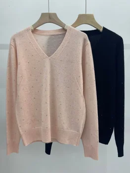 100% Kašmyras Moteriškas megztinis V formos kaklas Aukšta temperatūra Trimatis karšto gręžimo dizainas Kašmyro plonas megztas megztinis