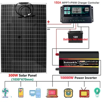 12V į 110V/220V Maitinimo sistema 12000W 10000W Inverteris 300W PET saulės kolektorius 150A įkrovimo valdiklis Avarinės energijos generavimo rinkinys