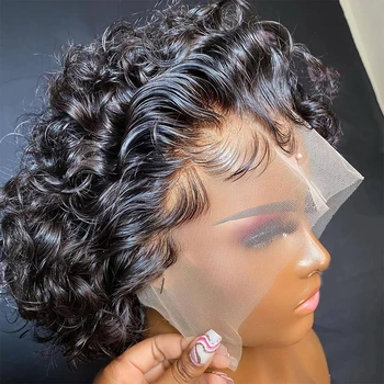 13*4 Pixie Wig Nėrinių priekyje Žmogaus plaukų perukas Trumpas garbanotas Brazilijos 13x1 skaidrus pikselių kirpimo perukai Žmogaus plaukų perukai juodaodėms moterims
