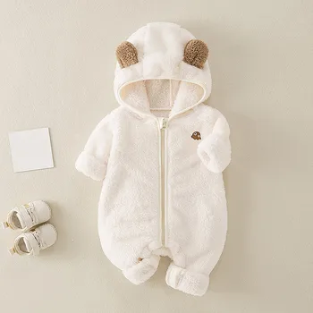 18m Baby Boy Girl Hooded Bears Ears Cotton Print Romper Flanel Zipper Kombinezonas Žaidimų kostiumai Apranga Naujagimis