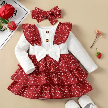 1st Christmas Baby Dress Baby Girl Dress ilgomis rankovėmis 1 metų amžiaus susiliejimo tinklelis A linijos suknelė Rudeninė kūdikio miela suknelė