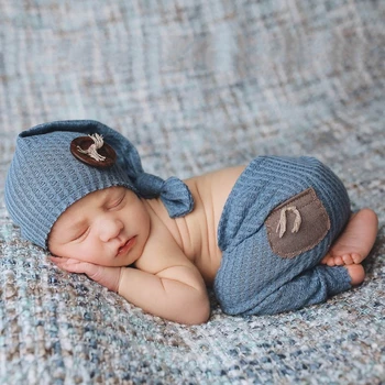 2 vnt Naujagimių fotografija Rekvizitai Drabužiai Kūdikių kelnės Ilgos uodegos mazgo kepurės rinkinys Megztos kelnės Pupelių rinkinys kūdikiams
