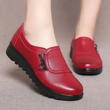 2019 Fashion Soft Leather Round head Women Casual Flats Ladies Side Zipper Flat Oxford Shoes New Mother single Shoes Q00053