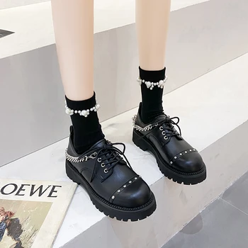 2021 Autumn Woman Oxford Shoes Pu Leather Lace Up Casual Shoes Platform Chain Work Shoes Kniedė Black Flats zapatos mujer