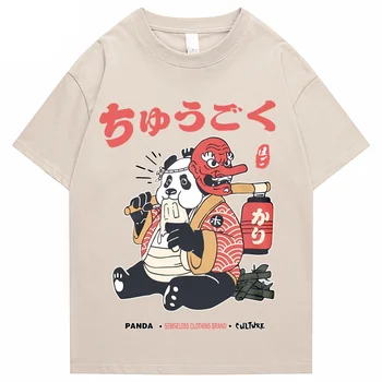 2023 Japoniški gatvės drabužiai Marškinėliai Vyrai Hip Hop Funny Fat Panda Samurajų marškinėliai Vasaros marškinėliai trumpomis rankovėmis Harajuku Medvilniniai trišakiai Nauji