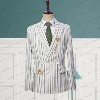 2023 Nauji vasaros vyrai Aukštos kokybės baltas linas Šviesiai žalia juostelė Verslo oficialios vestuvės Džentelmeno striukė Kostiuminis paltas