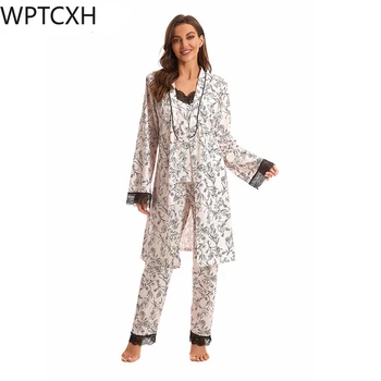 2023 Ruduo žiema Europietiško amerikietiško stiliaus moteriška medvilninė pižama su apyranke chalatas Chalatas Ilgos kelnės Trijų dalių komplektai Namai Dėvėti pižamas