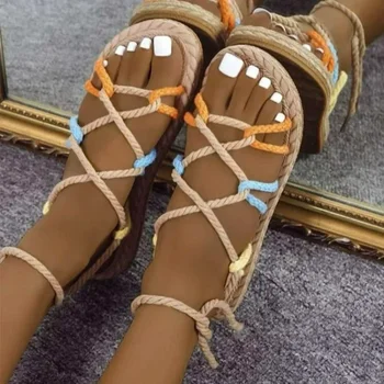 2023 Vasara Romos sandalija De Mujer retro pinta virvė Apvalus pirštas Atviri kojų moteriški batai Laisvalaikio neslystančios plokščios paplūdimio basutės36-43