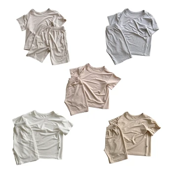 2024 Naujas vaikiškas kostiumas Vasarinių drabužių komplektas 2Vnt marškiniai trumpomis rankovėmis ir šortai, vienspalviai mažylio marškinėliai ir apatinės kelnaitės Pagrindinis