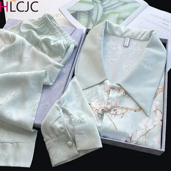 2024 Pavasario naujas lengvas prabangus ledo šilko pižamų rinkinys Moteriški kinų ploni imituoti miego drabužiai Šilko nacionalinio stiliaus namų drabužiai