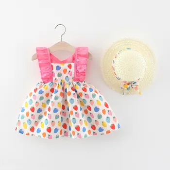2Pcs/SetGirl's Dress Summer Little Girl's New Western Style Spalvinga braškių atspaudas Princesės suknelė be rankovių su skrybėle