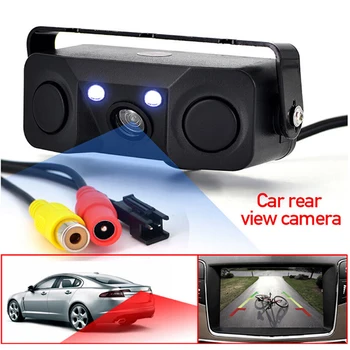 3 in 1 automobilio parkavimo jutiklis automobilio atbulinės eigos atsarginė galinio vaizdo kamera su 2 radaro detektoriais indikatorius garsinis signalas automobilio kamera