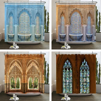 3d Maroko stilius Dušo užuolaida Europos architektūrinis kraštovaizdis Spausdintas vandeniui atsparus poliesteris Vonios užuolaidų dekoras su kabliukais