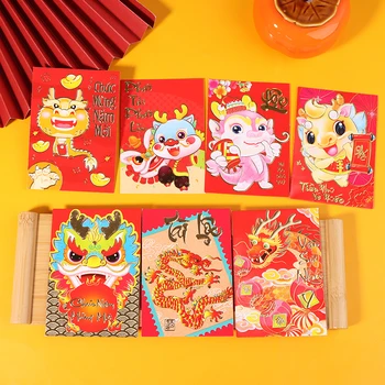6Vnt Miela Kinija Drakono metai Dekoratyviniai vokai Kinų stiliaus drakonas Raudona Naujųjų metų piniginė Sėkmės pinigų krepšys