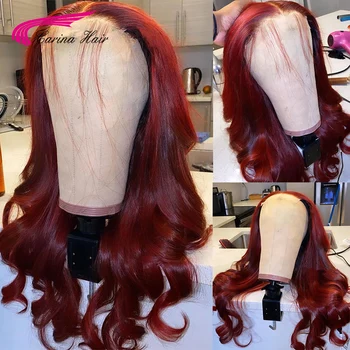 99J Raudoni nėrinių priekiniai perukai Iš anksto nupešti Brazilijos banguoti žmogaus plaukų perukai moterims Skaidrūs nėriniai 99J 180% Remy plaukų perukai moterims