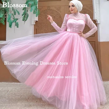 A Line Aukšto kaklo musulmoniškos vakarinės suknelės Pink Tulle Beaded Long Sleeve Party Prom Gown Special Occasion Dress فستان حفلات الزفاف
