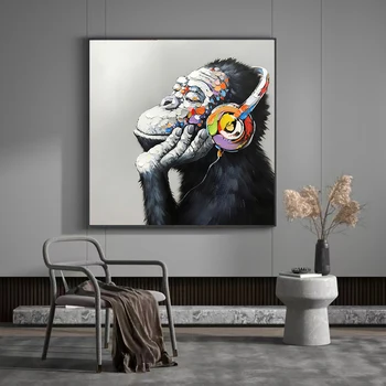Abstraktus dekoro sienų menas svetainei Namų graffiti Miela beždžionių drobė Aliejinė tapyba Orangutanas Muzikos klausymas Apdailos paveikslėlis