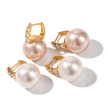 ALLNEWME Retro 18K Tikras paauksuotas žalvaris Balta rožinė spalva Apvali Imituota perlų CZ kubinio cirkonio lankelio auskarai moterims 2023