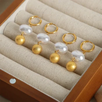 ALLNEWME tekstūruoti netaisyklingi barokiniai perlų karoliukai ilgi kutų lankų auskarai moterims Titano plienas 18K aukso PVD padengti papuošalai