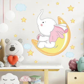 Animacinis filmas Kūdikio dramblio sienos lipdukai Mėnulio žvaigždės Sienų lipdukai Kūdikių darželis Dekoratyviniai lipdukai Vaikų kambarys Sienų dekoras