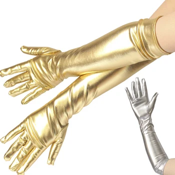 Auksas Sidabras Šlapia išvaizda Netikros odinės metalinės pirštinės Vakaro vakarėlio pasirodymas Pirštinės Moterys Seksualios alkūnės ilgis Ilgos latekso pirštinės