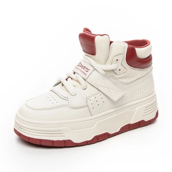 Aukštakulniai batai moterims 2023 Rudens-žiemos platforminiai batai su aksomo tinkleliu Raudona oda Maži balti moteriški sportbačiai