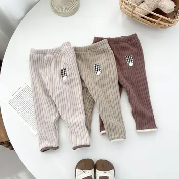 Autumn Winter Ins Baby Patch Plus Velvet Thick Leggings Girl Baby Ribbed Woole Warm Casual Pants Boy Kid Solid Cotton Kelnės