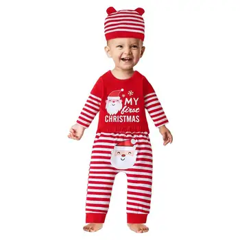 Baby Boy kalėdiniai drabužiai 3PCS medvilninės smėlinukų kelnės ir skrybėlė Medvilnės raudonos ir baltos dryžuotos žieminės aprangos komplektas Odai draugiškas ir