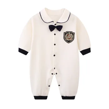 Baby Boy Romper Polo Jumpsuit Formal Gentleman One-Piece Snap Button Bowtie Bodysuit ilgomis rankovėmis Žaidimų kostiumas Vakarėlio drabužiai
