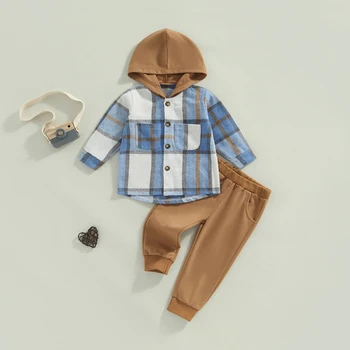 Baby Boys 2PCS aprangos rinkiniai ilgomis rankovėmis Mygtukas aukštyn pledas su gobtuvu Vienspalvių kelnių komplektai