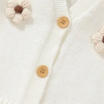 Baby Girl Fall Mezgimas Kardiganas 3D gėlių dekoras V formos kaklas ilgomis rankovėmis mygtukas žemyn megztinis paltas