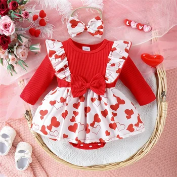 Baby Girl Valentino dienos apranga Ruffle Long Sleeve Heart Print Romper su galvos juostos rinkiniu Kūdikių drabužiai