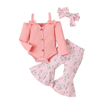 Baby Girls 3 dalių apranga Naujagimio briaunotas ilgomis rankovėmis romperis ir platėjančių kelnių komplektas Galvos juostos kūdikių kostiumai