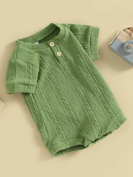 Baby Girls Boys Knit Romper Solid Short Sleeve Crew Neck Button Closing Summer Jumpsuit