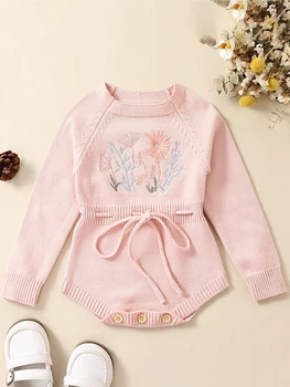 Baby Girls Casual Sweater Romper ilgomis rankovėmis Ruffle Hem Gėlių siuvinėjimas Sutraukiamas raištis Princesės drabužiai