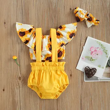 Baby Girl's Casual trijų dalių kostiumas Švieži saulėgrąžų raukiniai marškinėliai ir petnešos šortai su galvos juosta 2021 Naujasis Fahionas