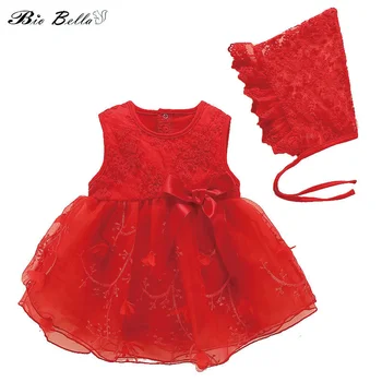 Baby Girls Dress With Cap 2vnt Drabužių rinkiniai Gėlių siuvinėjimas Mažylis Vaikiški drabužiai Kūdikis Berankovė Gimtadienio vakarėlis Princesės suknelė