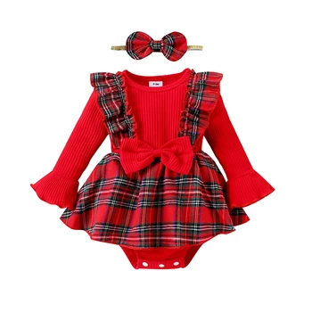 Baby Girls Romper Suknelė naujagimiui Nėriniai Raukta ilgomis rankovėmis Briaunotas kombinezonas Galvos juosta Kalėdinė apranga