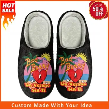 Bad Bunny UN VERANO SIN Print Design Home Cotton Custom Slippers Mens Womens Sandals Plush Casual Keep Warm Shoes Thermal Slippe