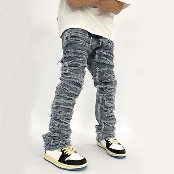 Baggy Plėšyti sukrauti džinsai vyrams Naujo dizaino tiesios skalbtos hiphopo džinsinės kelnės Retro Jean kelnės Gatvės apranga