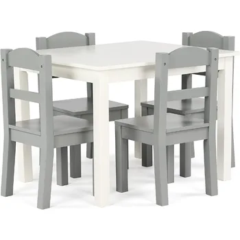Baltas/Pilkas vaikiškas medinis stalas ir 4 kėdžių komplektas, 26x22x19 colių, 10x10x22 colių, 10 colių