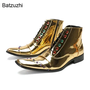 Batzuzhi vyriški batai Nauja rankų darbo roko asmenybė Auksiniai odiniai kulkšnies batai vyrams Užtrauktuko sagties diržo vakarėlis/Vestuvių botas!