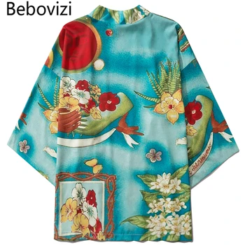 Bebovizi Harajuku Žalias Kimono Vyrai Japoniškos gėlės Plona gatvės apranga Tradicinė megztinė Yukata Vyriški Haori Obi drabužiai