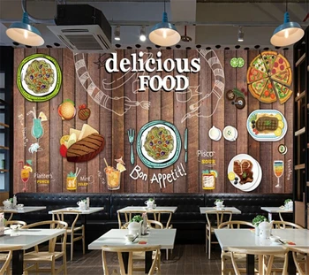 beibehang Custom 3D wood rankomis dažytas stilius Vakarietiškas maistas mėsainis kepsnys makaronai pica restoranas greitas maistas dekoratyviniai tapetai