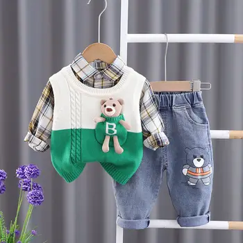 Berniukų pavasario drabužių rinkinys Naujas kūdikių ir vaikų pavasario megztinio liemenės marškinių kelnės 3 dalių rinkinys Kūdikių drabužėliaiSpringas ir ruduo